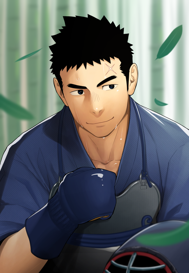 1boy bamboo bamboo_forest bara black_hair blurry blurry_background collarbone forest itto_(mentaiko) japanese_clothes kimono leaf leaves_in_wind male_focus nature original scar simple_background smile solo sweat training upper_body