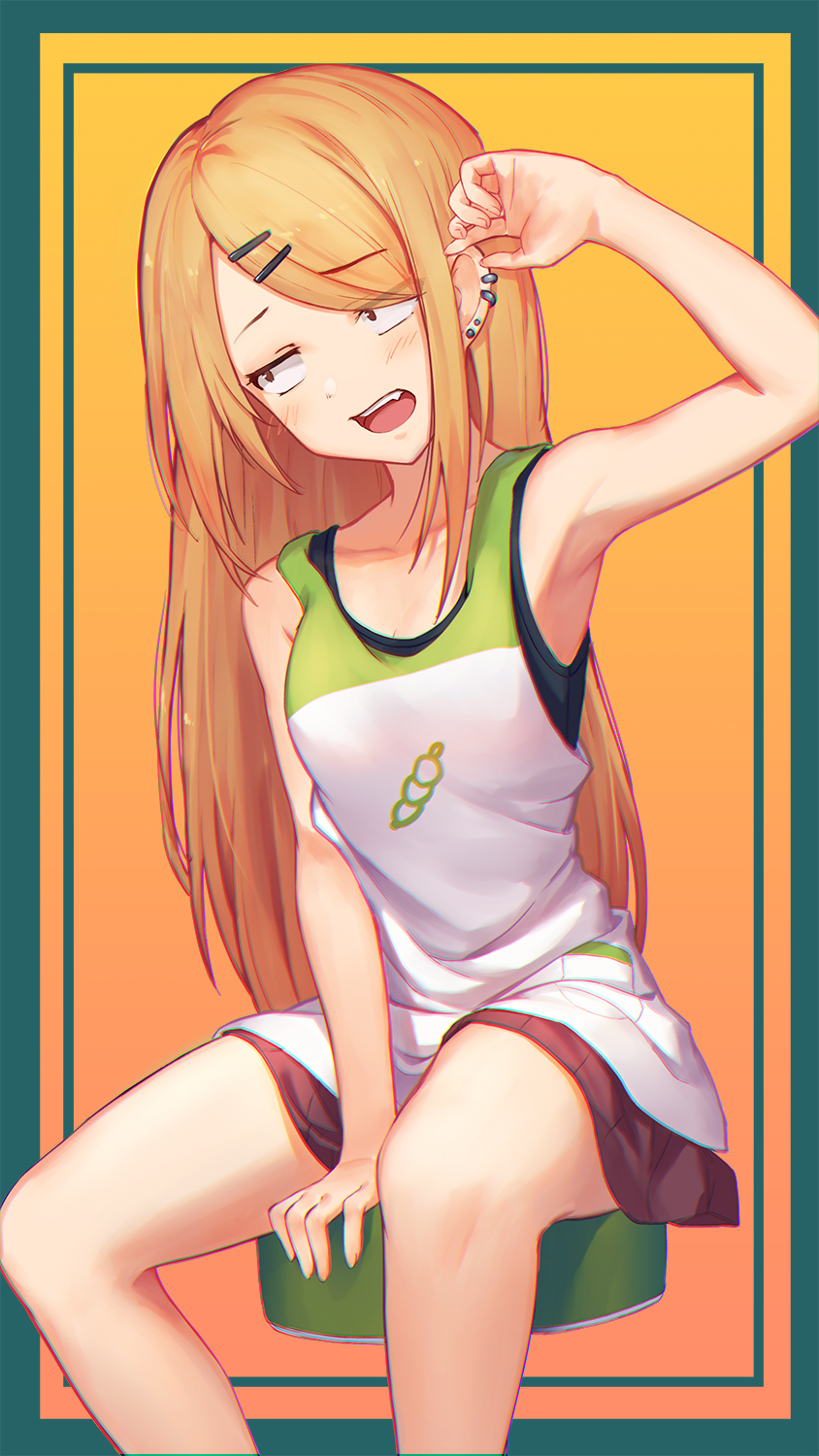 1girl armpits bare_arms bare_shoulders between_legs black_shirt blonde_hair blush border brown_skirt dagashi_kashi ear_piercing earrings endou_saya fang gradient gradient_background green_border hair_ornament hairclip hand_between_legs hand_up highres jewelry kotoribako long_hair looking_away open_mouth orange_background piercing sanpaku shirt sitting skirt solo