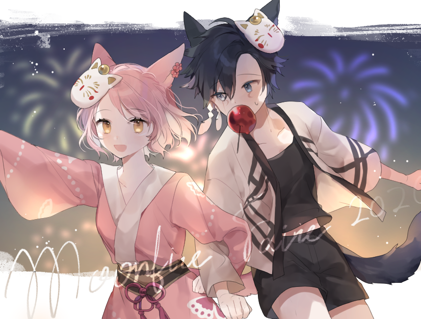 1boy 1girl :d aerial_fireworks animal_ears bangs black_hair black_shirt black_shorts blue_eyes brown_eyes candy_apple cat_mask character_mask collarbone commentary_request eyebrows_visible_through_hair facial_mark final_fantasy final_fantasy_xiv fireworks flower food food_in_mouth hair_between_eyes jacket japanese_clothes kimono korean_commentary locked_arms looking_at_viewer mask mask_on_head miqo'te moffle_(ayabi) moogle mouth_hold obi open_clothes open_jacket open_mouth outstretched_arm parted_bangs pink_hair pink_kimono red_flower sash shirt short_shorts shorts smile sweat tail white_jacket