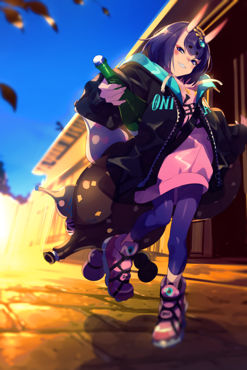 1girl bangs black_jacket blue_sky blush bob_cut bottle breasts cis05 eyeliner fate/grand_order fate_(series) gourd headpiece horns jacket long_sleeves looking_at_viewer makeup oni oni_horns open_clothes open_jacket pants pink_footwear pink_sweater purple_hair purple_pants sake_bottle shoes short_eyebrows short_hair shuten_douji_(fate/grand_order) skin-covered_horns sky smile sneakers sweater tight tight_pants under_the_same_sky violet_eyes