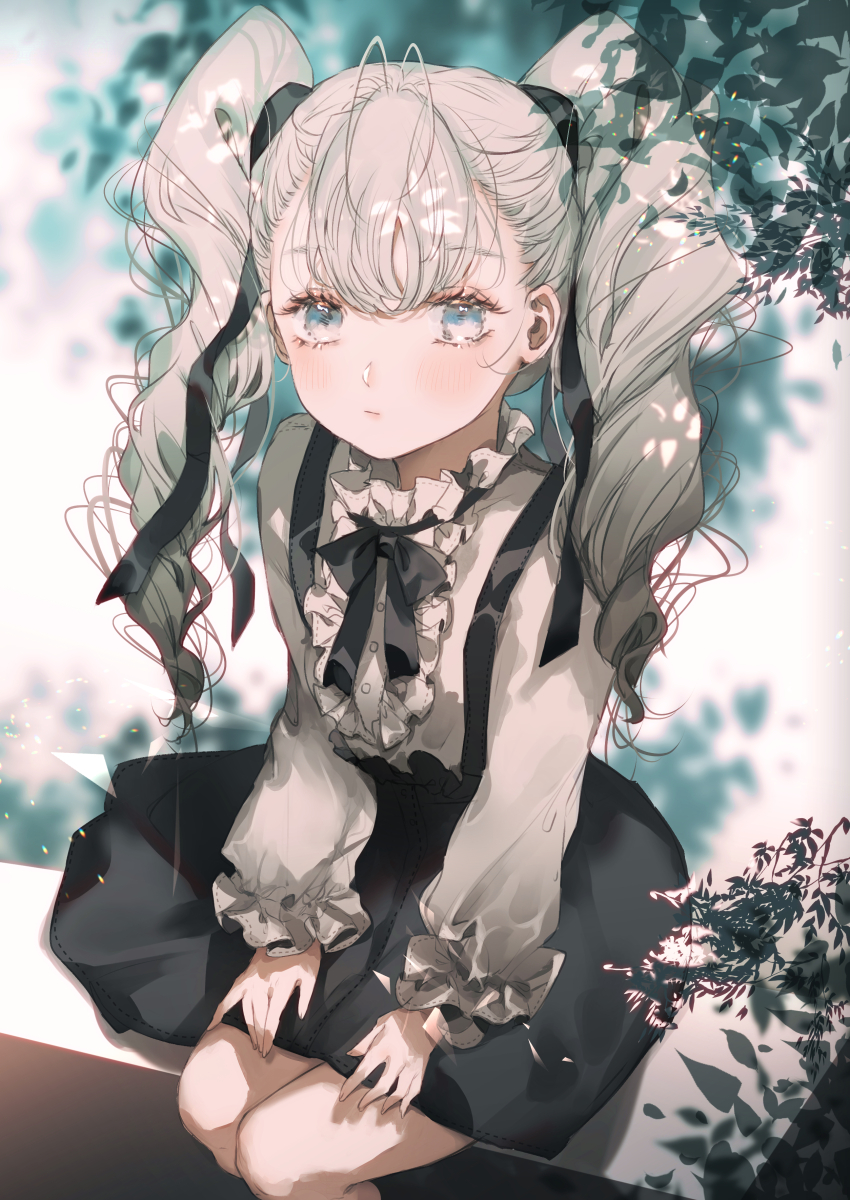 1girl aino_pekonen bangs black_bow black_skirt blue_eyes blurry blurry_background bow closed_mouth commentary_request depth_of_field eyebrows_visible_through_hair feet_out_of_frame grey_hair grey_shirt hair_between_eyes highres kokoro_navi long_hair long_sleeves looking_at_viewer majamari puffy_long_sleeves puffy_sleeves shirt sitting skirt sleeves_past_wrists solo suspender_skirt suspenders twintails