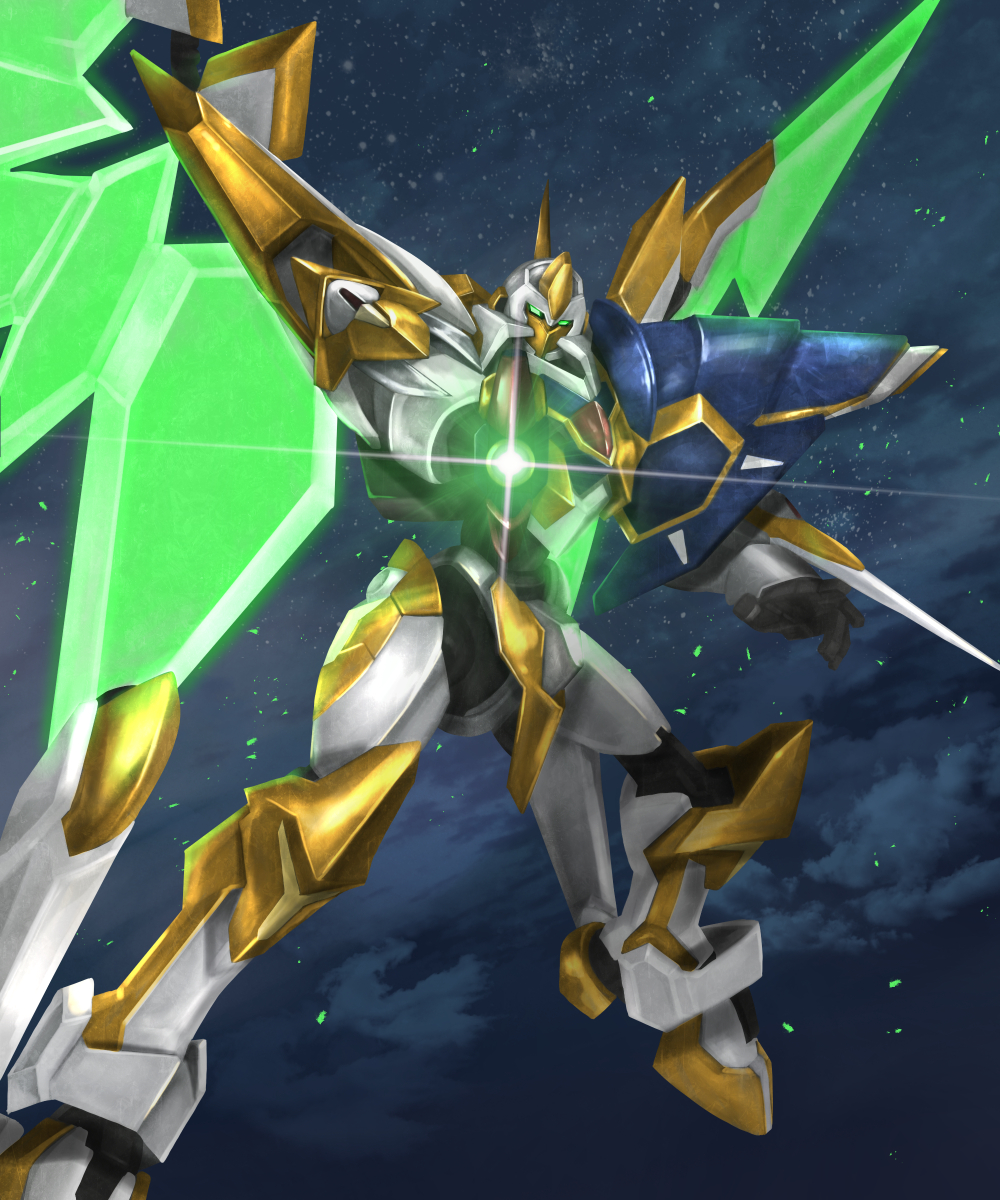 aiming aiming_at_viewer code_geass code_geass:_fukkatsu_no_lelouch commentary energy_wings flying gun highres holding holding_gun holding_weapon lancelot_sin looking_at_viewer looking_down mecha no_humans solo tsubasansan weapon wings