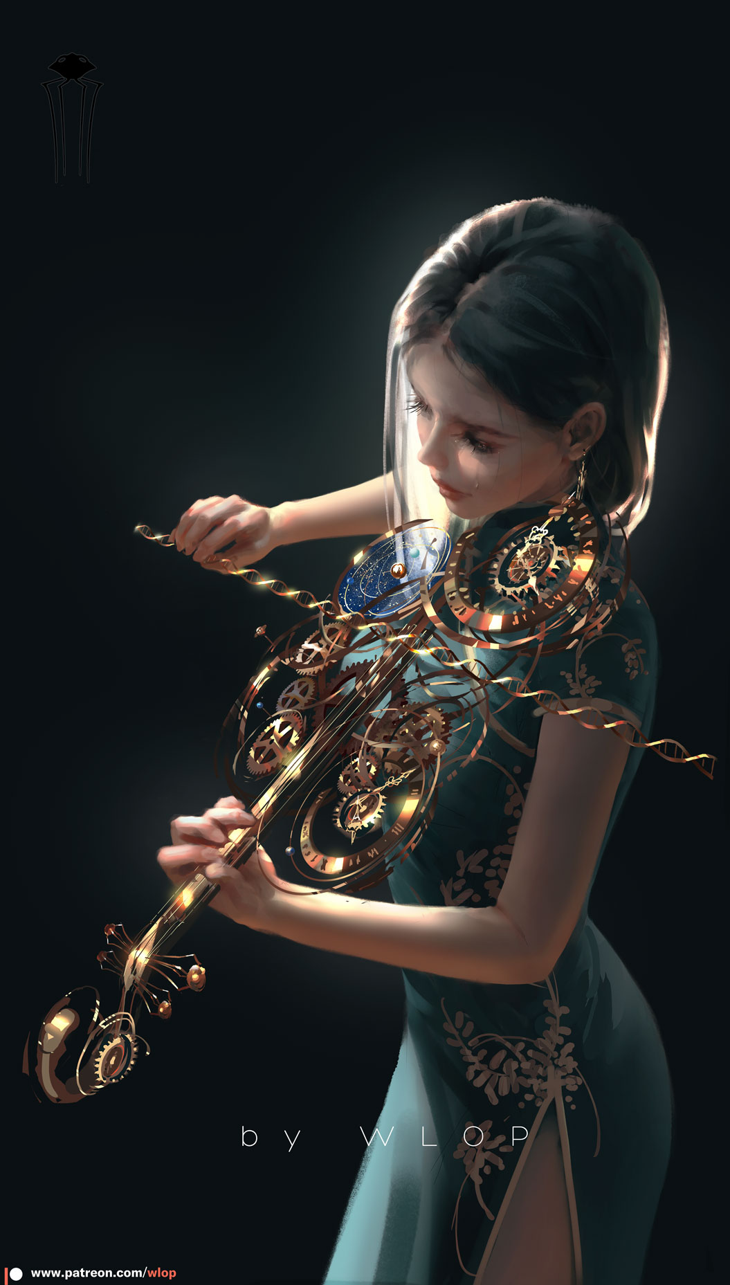 1girl artist_name bangs black_background black_hair blurry china_dress chinese_clothes closed_eyes crying dark dress dutch_angle earrings eyelashes fantasy gears highres instrument jewelry lips long_hair music original parted_bangs patreon_username playing_instrument simple_background solar_system solo tears violin watermark wlop