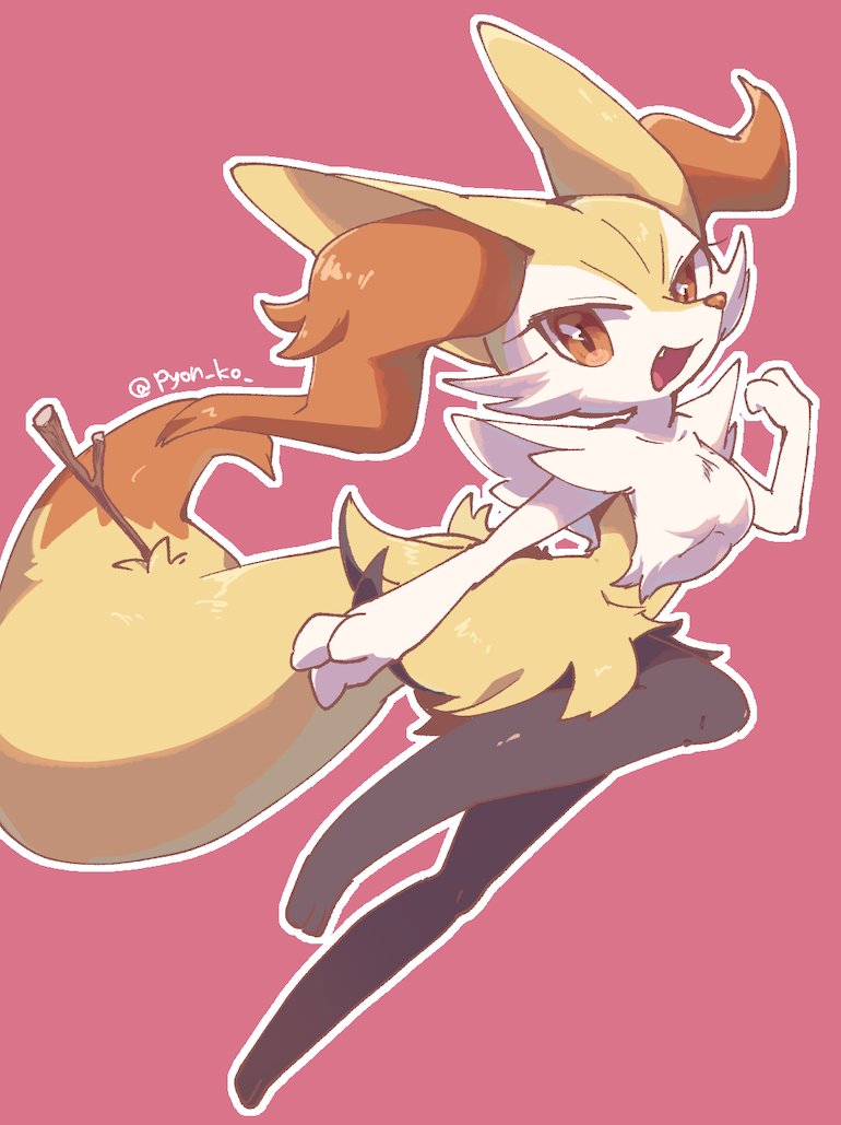 1girl animal_ear_fluff animal_ears artist_name braixen fang fox_ears fox_tail full_body furry gen_6_pokemon hand_up happy jpeg_artifacts looking_at_viewer open_mouth outline outstretched_arm paws pink_background pokemon pokemon_(creature) pyon_ko red_eyes simple_background smile solo stick tail twitter_username white_outline