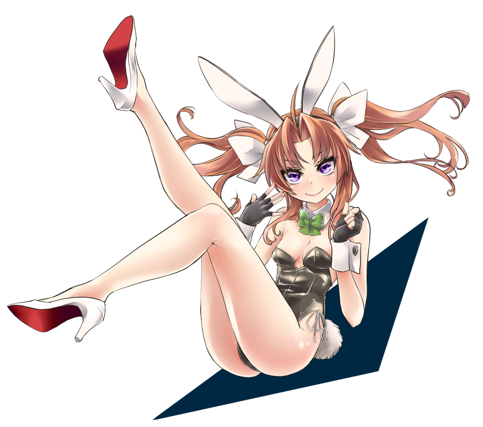 1girl ahoge animal_ears bare_legs black_gloves black_leotard brown_hair bunny_tail bunnysuit detached_collar fingerless_gloves full_body gloves green_neckwear hair_ribbon high_heels kagerou_(kantai_collection) kantai_collection leotard long_hair looking_at_viewer rabbit_ears remodel_(kantai_collection) ribbon solo strapless strapless_leotard tail twintails two-tone_background uzuki_kosuke violet_eyes white_background white_footwear white_ribbon wrist_cuffs