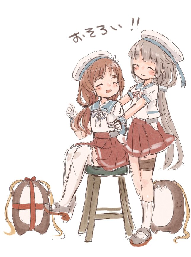 2girls blue_sailor_collar bokukawauso brown_hair closed_eyes commentary_request flower full_body gloves grey_hair hair_flower hair_ornament hat hip_vent kantai_collection long_hair low_twintails matching_hairstyle mikura_(kantai_collection) multiple_girls otter pleated_skirt puffy_short_sleeves puffy_sleeves red_skirt sailor_collar sailor_hat sailor_shirt shirt short_sleeves simple_background sitting skirt standing stool twintails white_background white_gloves white_headwear white_shirt wss_(nicoseiga19993411) yashiro_(kantai_collection)