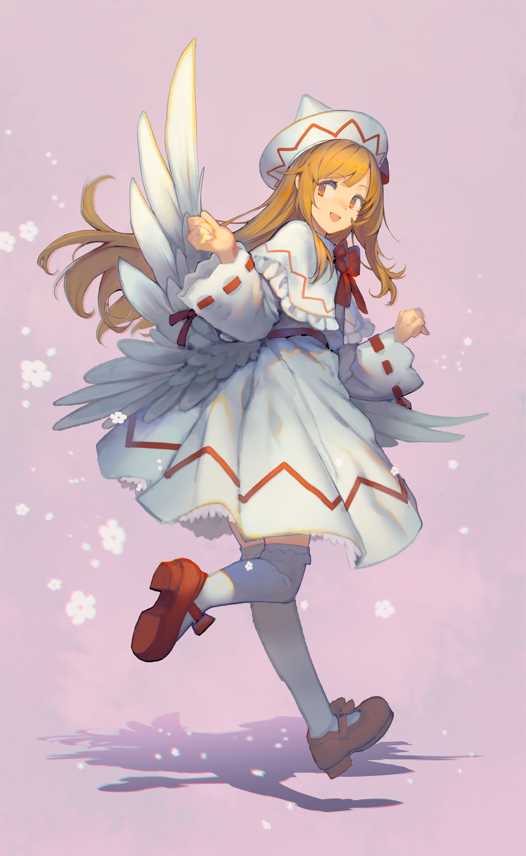 1girl blonde_hair capelet commentary_request dress eho_(icbm) feathered_wings hand_up hat highres lily_white long_sleeves mary_janes orange_eyes pink_background red_footwear ribbon-trimmed_dress ribbon-trimmed_sleeves ribbon_trim running shoes smile solo touhou white_dress white_headwear white_legwear white_wings wings