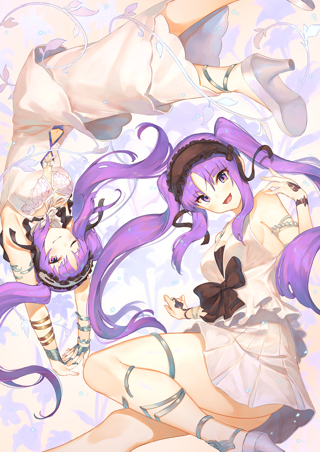 2girls :d bangs bare_shoulders bow bracelet breasts brown_bow brown_hairband commentary dress english_commentary euryale eyebrows_visible_through_hair fate/grand_order fate/hollow_ataraxia fate_(series) floating grey_footwear hairband high_heels highres jewelry kotoribako long_dress long_hair looking_at_viewer midriff multiple_girls open_mouth parted_bangs pleated_skirt purple_hair siblings sideboob skirt smile stheno twins twintails vest violet_eyes white_dress white_skirt white_vest wristband