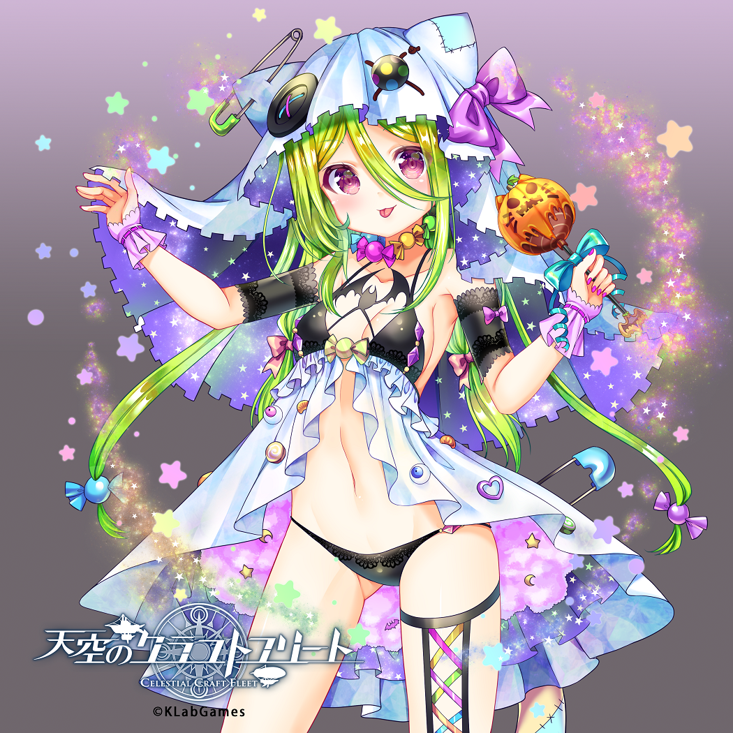 1girl :p bikini black_bikini breasts candy company_name copyright_name food green_hair halloween jack-o'-lantern long_hair looking_at_viewer medium_breasts nail_polish navel solo star_(symbol) swimsuit teltelhousi tenkuu_no_craft_fleet tongue tongue_out very_long_hair violet_eyes