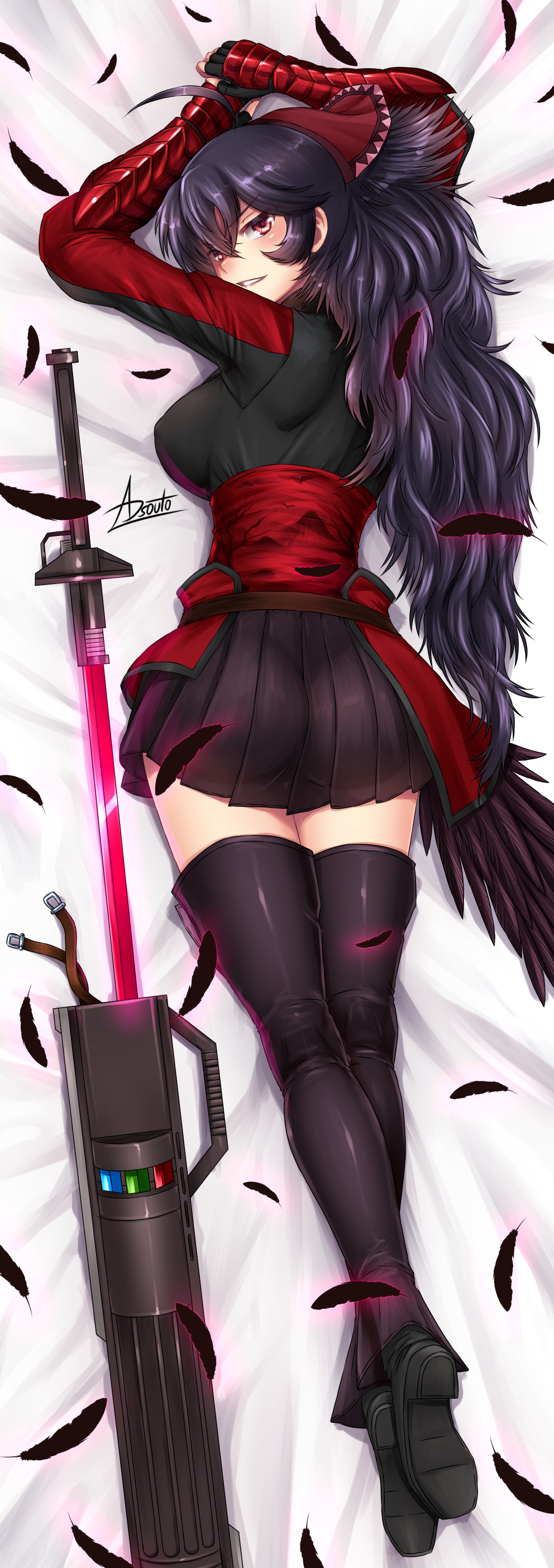 1girl absurdres adsouto ahoge bed bed_sheet black_hair breasts dakimakura gloves hair_between_eyes highres jewelry large_breasts long_hair mature necklace raven_branwen red_eyes rwby skirt smile sword thigh-highs weapon