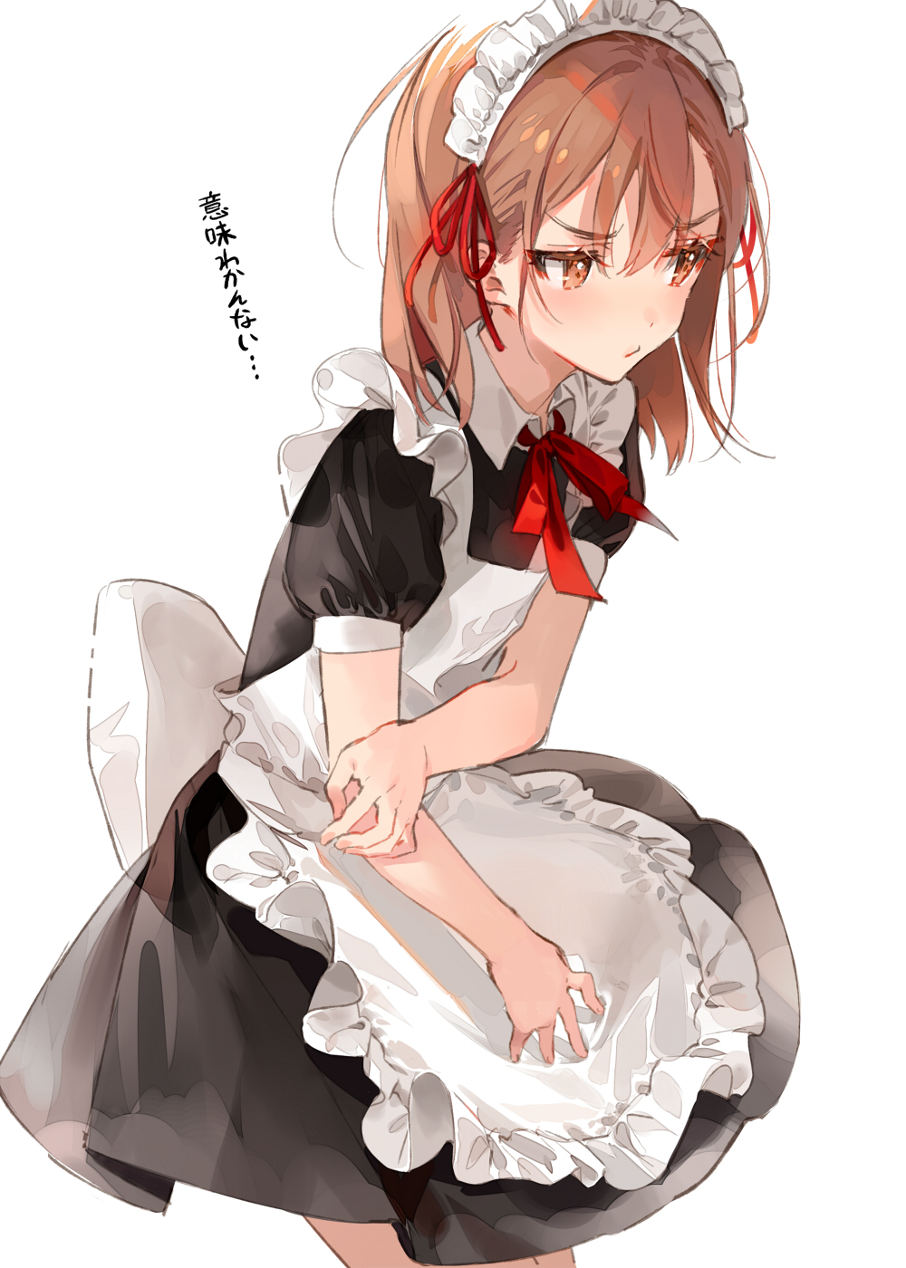 1girl alternate_costume annoyed apron blush brown_eyes brown_hair commentary_request cowboy_shot dsmile hair_ornament hair_ribbon highres holding_arm long_hair looking_to_the_side maid maid_apron maid_headdress misaka_mikoto pout ribbon simple_background solo to_aru_kagaku_no_railgun to_aru_majutsu_no_index white_background