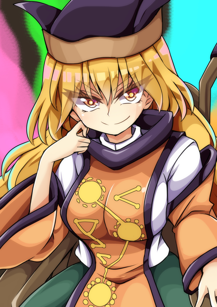 1girl aki_chimaki bangs black_headwear blonde_hair breasts chair closed_mouth constellation_print detached_sleeves eyebrows_visible_through_hair green_skirt hair_between_eyes large_breasts long_hair looking_at_viewer matara_okina multicolored multicolored_background shirt sitting skirt smile solo tabard touhou v-shaped_eyebrows wheelchair white_shirt wide_sleeves yellow_eyes