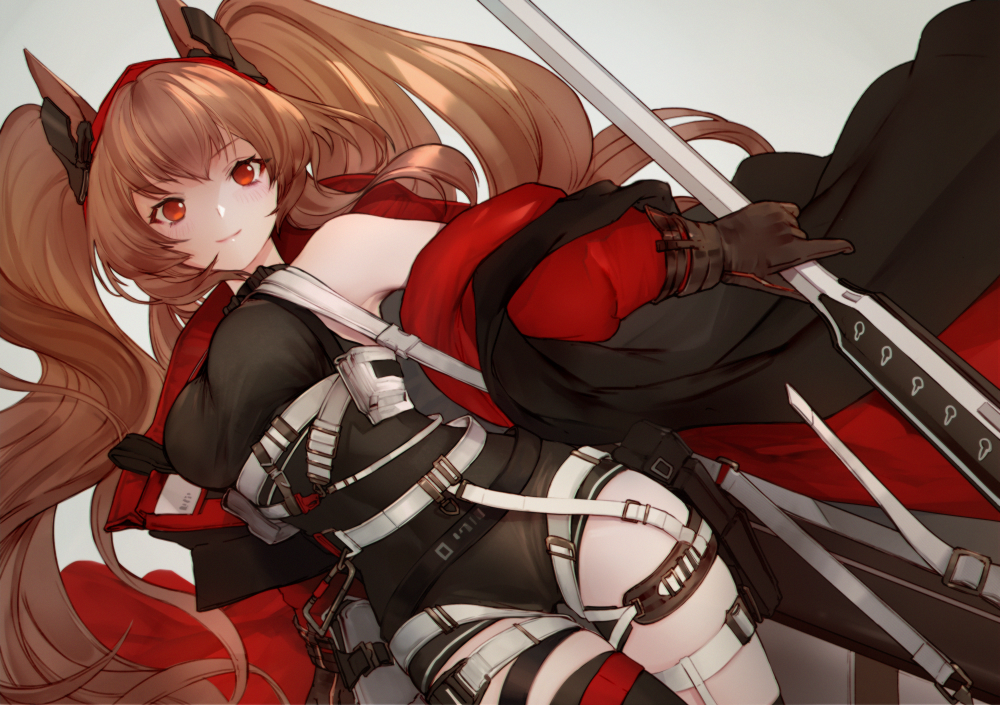 1girl angelina_(arknights) animal_ears arknights black_legwear black_leotard blush breasts brown_gloves brown_hair closed_mouth coat commentary dutch_angle fox_ears gloves grey_background holding holding_staff leotard lips long_hair looking_at_viewer medium_breasts nido_celisius open_clothes open_coat red_coat red_eyes simple_background single_thighhigh sleeveless smile solo staff strap taut_clothes thigh-highs thigh_gap thighs twintails very_long_hair