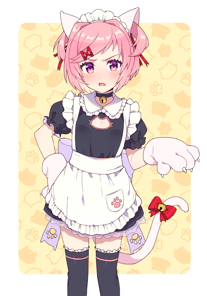 1girl alternate_costume annoyed apron bangs bell bell_choker black_choker black_legwear blush bow cat_cutout cat_tail choker cleavage_cutout commentary doki_doki_literature_club enmaided fang frilled_legwear frilled_shirt_collar frills gloves hair_ornament hair_ribbon hairclip hand_on_hip jingle_bell looking_at_viewer maid maid_headdress moyori natsuki_(doki_doki_literature_club) open_mouth paw_gloves paw_print paws pink_eyes pink_hair puffy_short_sleeves puffy_sleeves red_ribbon ribbon short_hair short_sleeves simple_background solo sweatdrop swept_bangs tail tail_bell tail_bow thigh-highs two_side_up