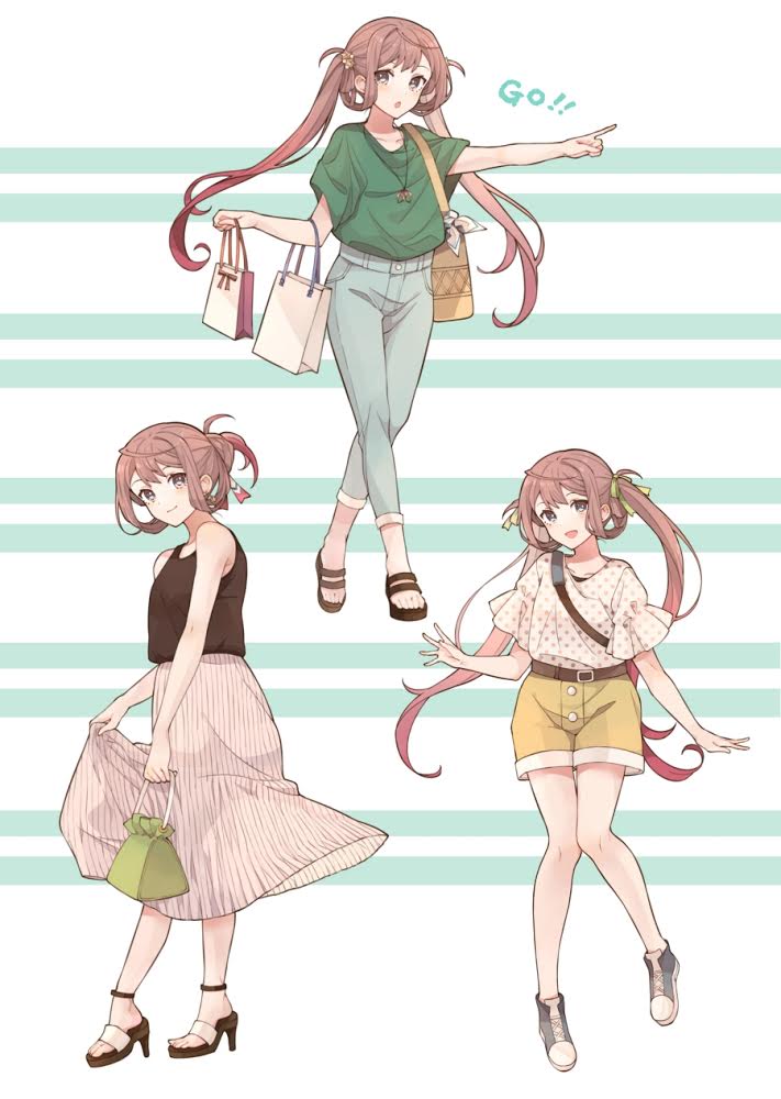 1girl alternate_costume asagumo_(kantai_collection) bag belt blush brown_belt brown_hair collarbone denim green_shirt grey_eyes grey_pants holding jewelry kantai_collection long_hair multiple_views necklace open_mouth pants pointing polka_dot sandals shakemi_(sake_mgmgmg) shirt shoes shopping_bag short_sleeves shorts shoulder_bag smile sneakers twintails yellow_shorts