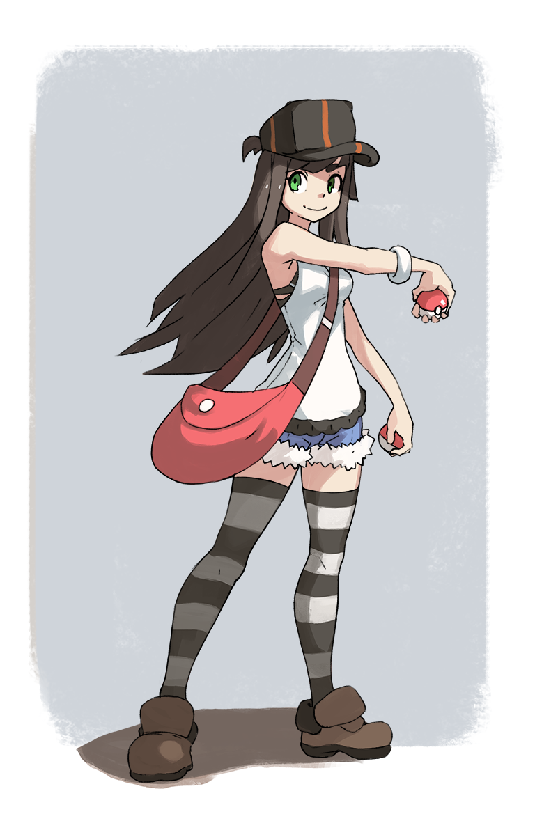 1girl ankle_boots bag blue_shorts boots border brown_footwear brown_hair closed_mouth commentary denim denim_shorts english_commentary full_body fur-trimmed_shorts fur_trim green_eyes grey_background holding holding_poke_ball long_hair looking_at_viewer original poke_ball poke_ball_(basic) pokemon pokemon_(game) pokemon_sm shirt shorts shoulder_bag simple_background smile solo striped striped_legwear thigh-highs vins-mousseux visor_cap white_border white_shirt