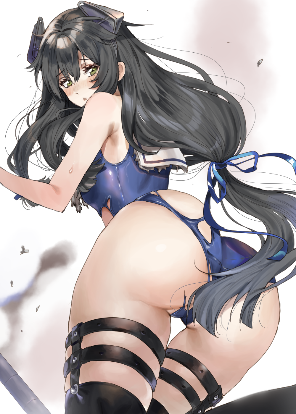 1girl amakaze ass bangs black_hair black_legwear blue_swimsuit damaged from_behind green_eyes hair_between_eyes hair_ornament hair_ribbon headgear highres i-47_(kantai_collection) kantai_collection long_hair open_mouth ribbon school_swimsuit solo swimsuit thigh-highs white_background