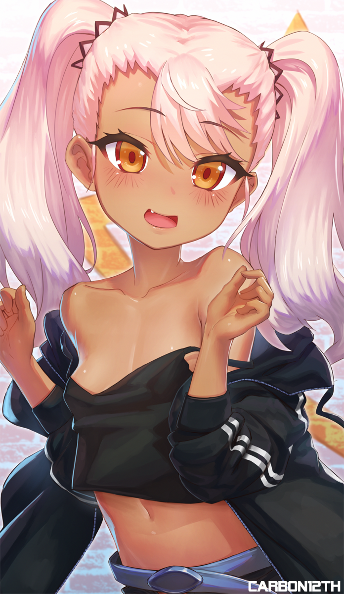 1girl bangs bare_shoulders black_camisole black_jacket blush breasts camisole carbon12th chloe_von_einzbern collarbone dark_skin fate/kaleid_liner_prisma_illya fate_(series) highres jacket long_hair long_sleeves looking_at_viewer midriff navel open_clothes open_jacket open_mouth orange_eyes pink_hair small_breasts smile thighs twintails