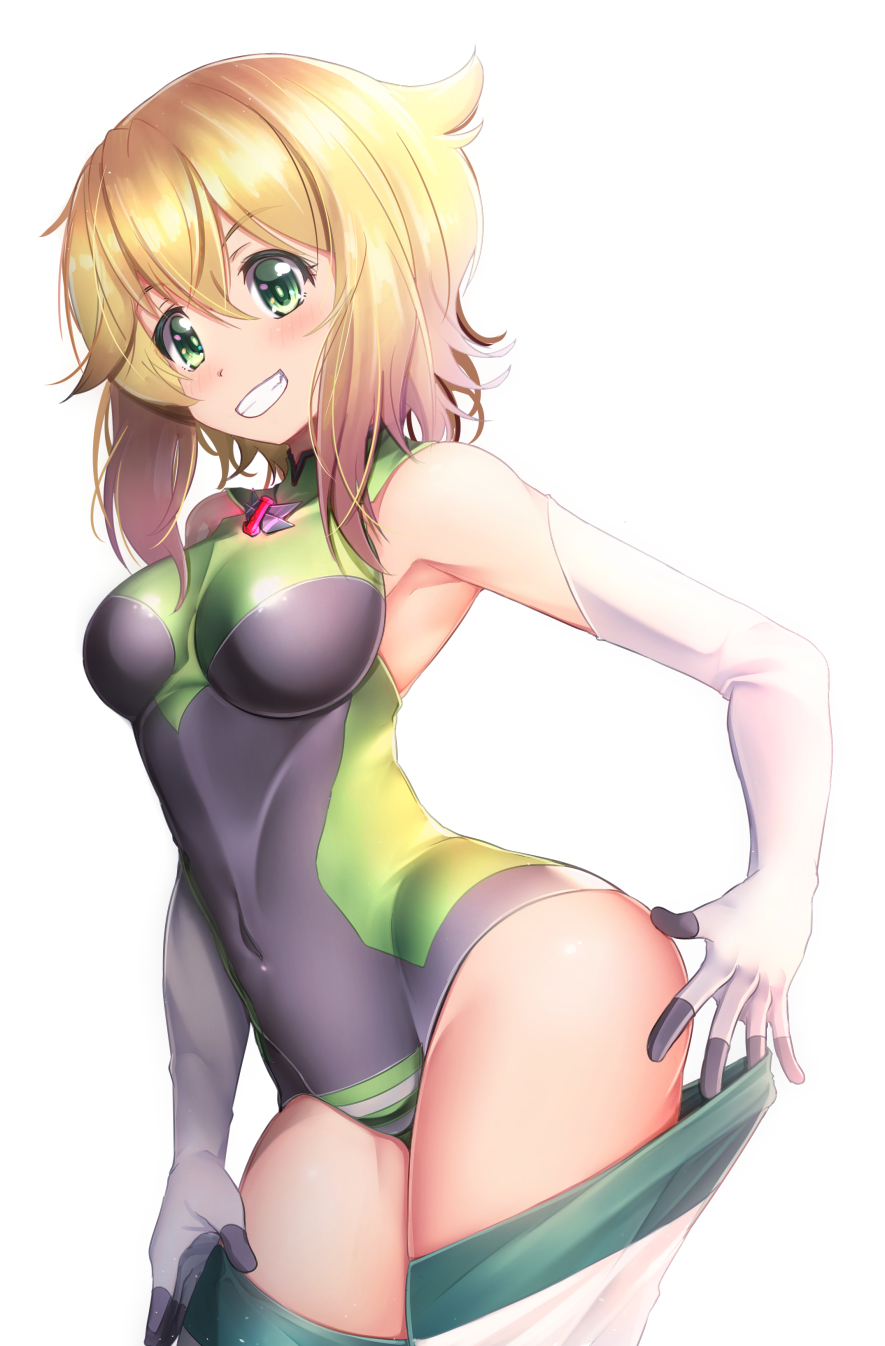 1girl akatsuki_kirika bare_shoulders blonde_hair blush breasts covered_navel elbow_gloves gloves green_eyes green_leotard highres leotard looking_at_viewer mad_(hazukiken) medium_breasts parted_lips senki_zesshou_symphogear shiny shiny_hair shiny_skin short_hair simple_background smile solo standing striped striped_legwear teeth thigh-highs thighhighs_pull white_background