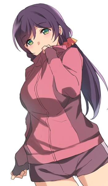 1girl brown_shorts deyuuku eyebrows_visible_through_hair green_eyes jacket long_hair long_sleeves looking_at_viewer love_live! love_live!_school_idol_project low_twintails purple_hair red_jacket scrunchie short_shorts shorts simple_background solo toujou_nozomi twintails white_background yellow_scrunchie