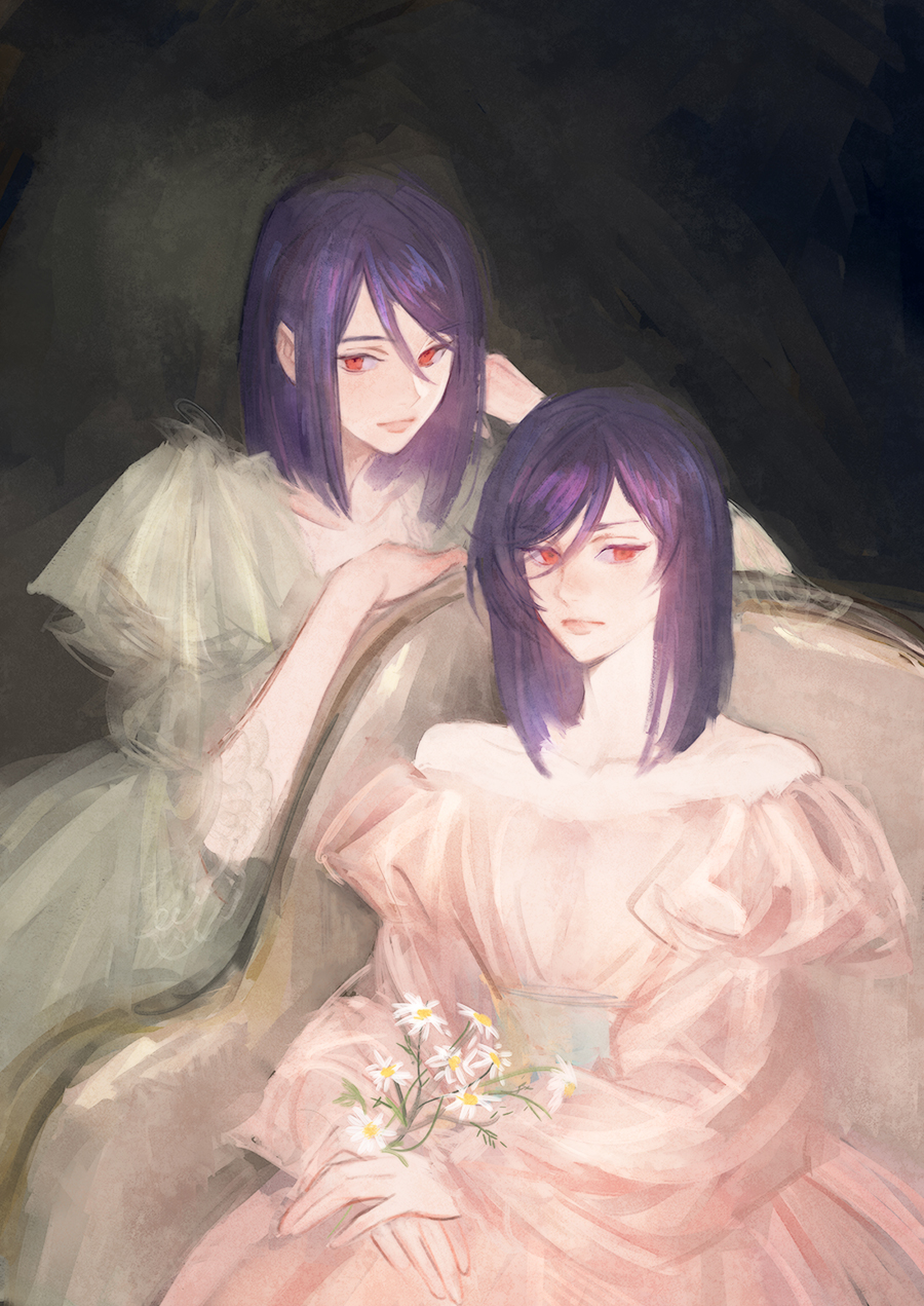 2girls bare_shoulders closed_mouth dress flower hair_between_eyes hands_together highres holding holding_flower huangdanlan indoors juliet_sleeves long_bangs long_sleeves looking_at_viewer medium_hair multiple_girls original pink_dress pink_eyes puffy_sleeves purple_hair sash short_hair strapless strapless_dress white_dress white_flower