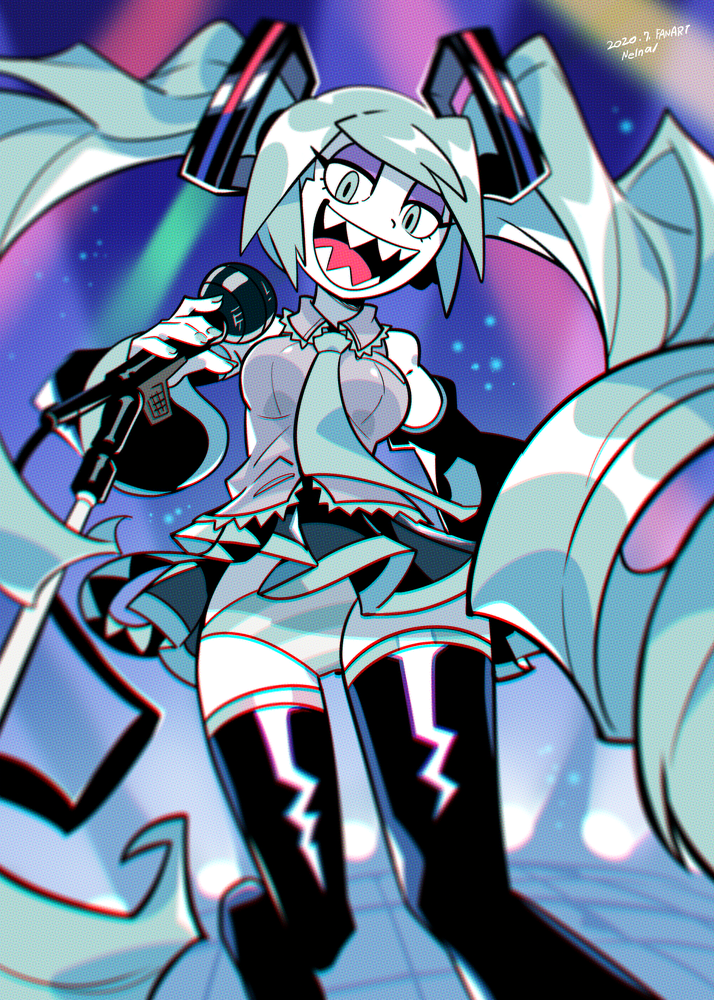 1girl black_skirt blue_eyes blue_hair boots breasts detached_sleeves floating_clothes floating_hair hatsune_miku holding holding_microphone looking_down medium_breasts microphone microphone_stand miniskirt music necktie nelnal panties purple_eyeshadow sharp_teeth singing skirt teeth thigh-highs thigh_boots twintails underwear vocaloid