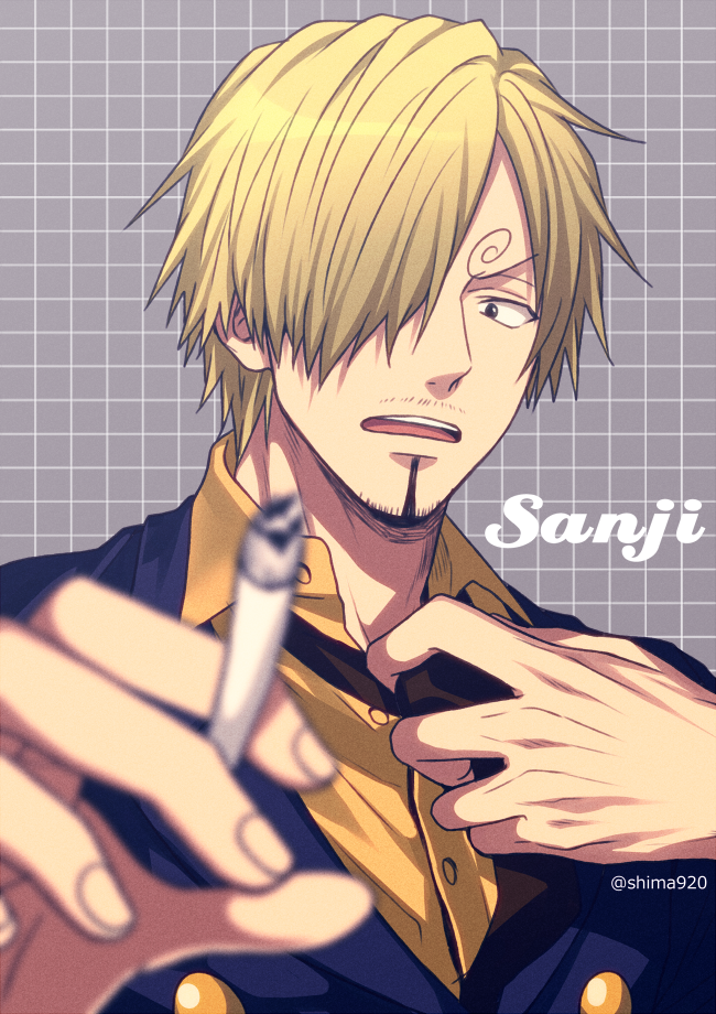 1boy adjusting_clothes adjusting_necktie blonde_hair blue_jacket blurry blurry_foreground character_name cigarette collared_shirt commentary_request eyebrows facial_hair formal goatee grey_background hair_over_one_eye holding holding_cigarette jacket looking_at_viewer male_focus mashima_shima mustache necktie one_piece open_mouth patterned_background sanji shirt solo suit tile_background twitter_username upper_body upper_teeth yellow_shirt