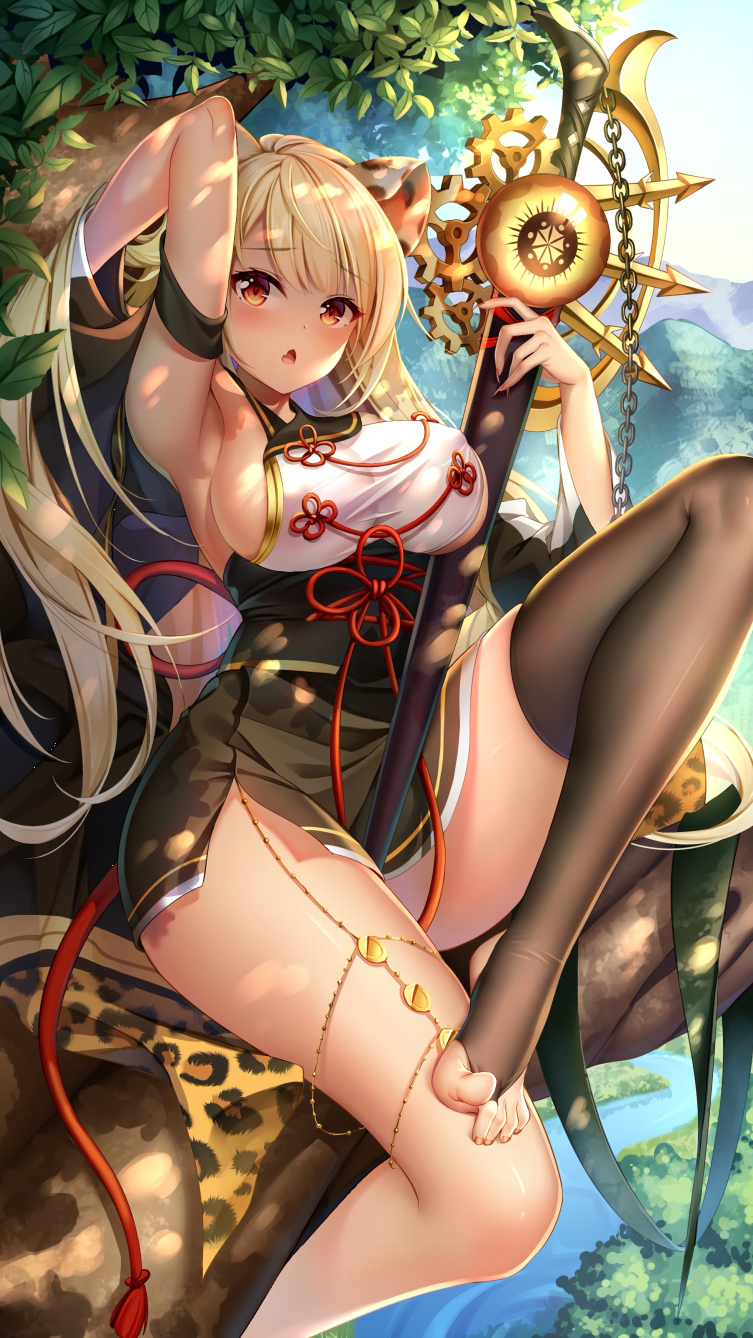 1girl animal_ears animistic arm_up armpits black_legwear blonde_hair blush breasts cropped dress fang highres impossible_clothes impossible_dress large_breasts obi open_mouth outdoors red_eyes sash short_dress sideboob single_thighhigh sitting solo sword thigh-highs toeless_legwear weapon yue_xiao_e