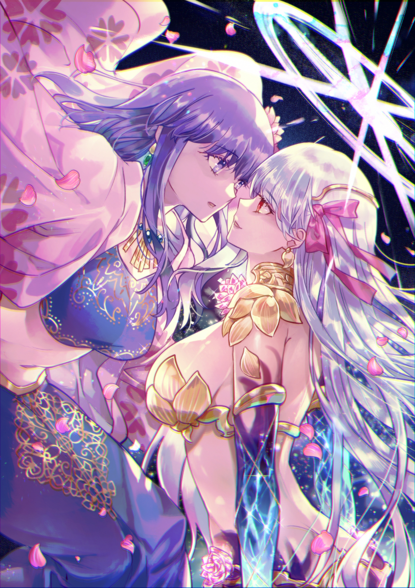 2girls armlet armor ass back bangs bikini_armor blue_shirt blue_skirt breasts circlet collar cropped_shirt earrings fate/grand_order fate_(series) floral_print hair_ribbon halo highres indian_clothes japanese_clothes jewelry kama_(fate/grand_order) kimono large_breasts long_hair long_skirt looking_to_the_side matou_sakura metal_collar midriff multiple_girls navel necklace open_clothes open_kimono parted_lips parvati_(fate/grand_order) petals pink_kimono pink_ribbon purple_hair red_eyes ribbon sagta_panggang shirt short_sleeves silver_hair skirt violet_eyes