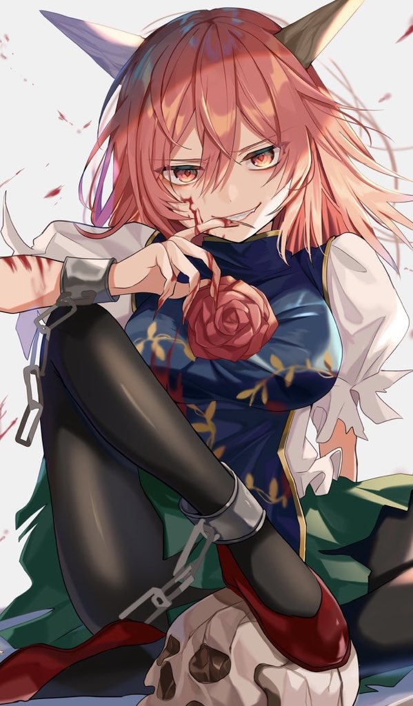 1girl black_legwear blood chain cuffs evil_smile eyebrows_visible_through_hair fingernails flower green_skirt grin horns ibaraki_douji's_arm ibaraki_kasen oni oni_horns pantyhose pink_eyes pink_flower pink_hair pink_rose puffy_short_sleeves puffy_sleeves red_footwear rose satoupote scratches shackles sharp_fingernails short_hair short_sleeves simple_background skirt slit_pupils smile solo spoilers tabard touhou white_background wild_and_horned_hermit
