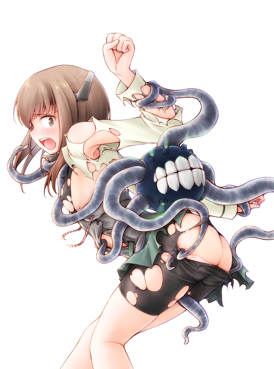 1girl ass bike_shorts black_shorts breasts brown_eyes brown_hair enemy_naval_mine_(kantai_collection) headband headgear highres kantai_collection long_sleeves meihemu open_mouth restrained shinkaisei-kan shirt shorts simple_background small_breasts solo taihou_(kantai_collection) tentacles torn_bike_shorts torn_clothes torn_shirt white_background