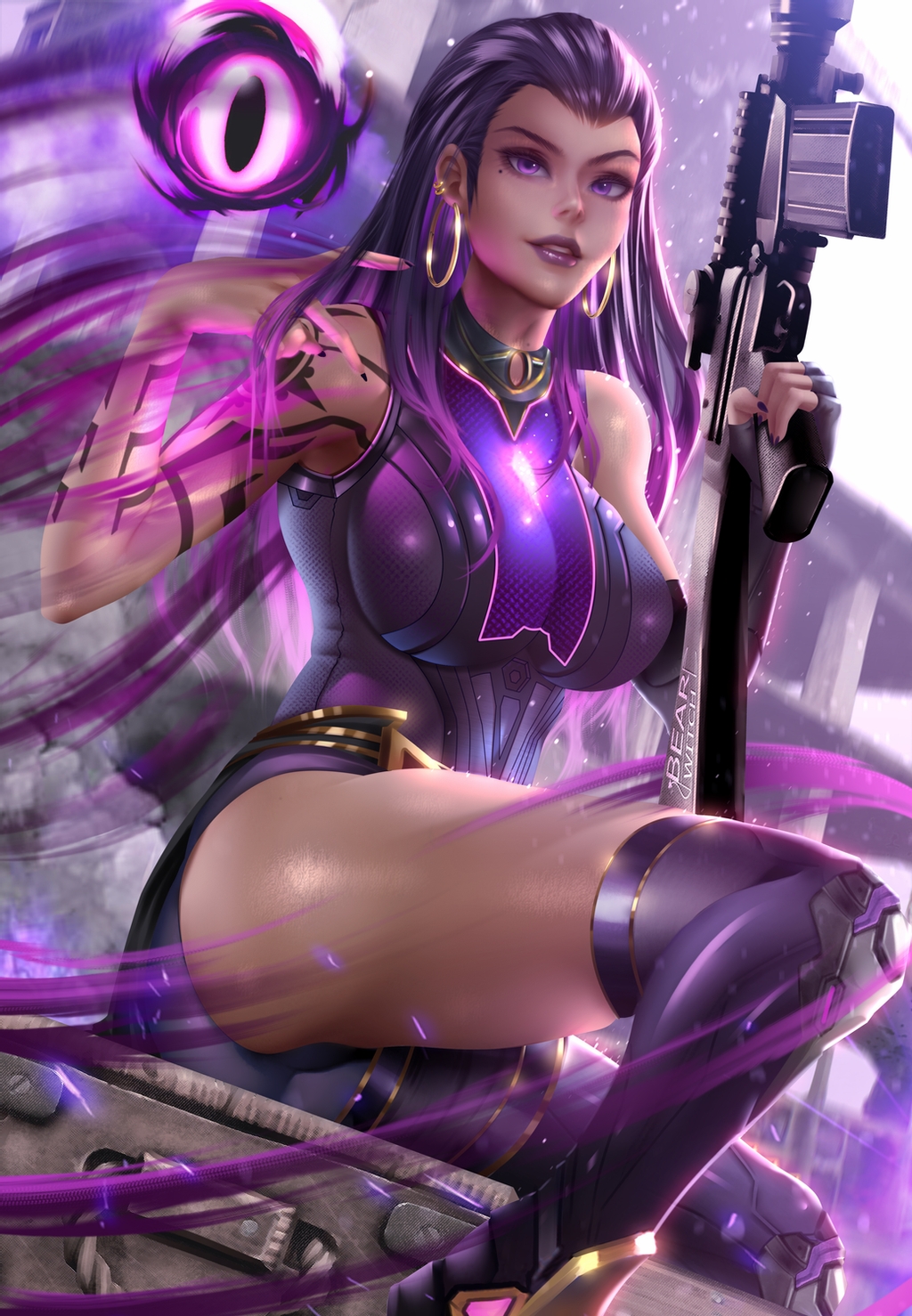 1girl assault_rifle asymmetrical_legwear bearwitch breasts dark_skin earrings gun highres hoop_earrings impossible_clothes impossible_shirt jewelry large_breasts lipgloss long_hair purple_hair reyna_(valorant) rifle shirt tagme tattoo valorant violet_eyes weapon