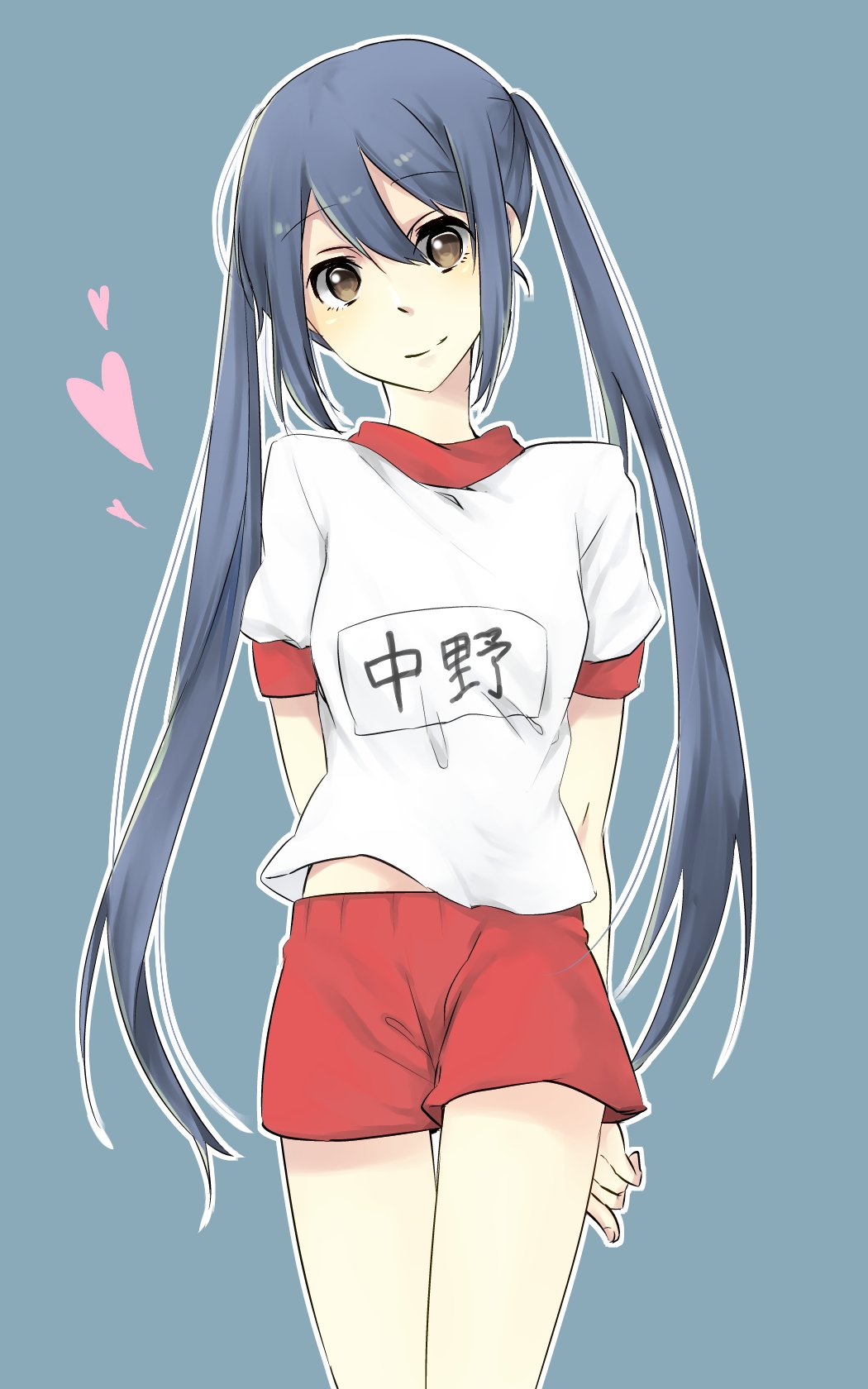 1girl akatsuki_kouya arms_behind_back bangs blue_background blue_hair brown_eyes character_name closed_mouth eyebrows_visible_through_hair gym_uniform hair_between_eyes head_tilt heart highres k-on! long_hair looking_at_viewer nakano_azusa red_shorts shiny shiny_hair shirt short_shorts short_sleeves shorts simple_background smile solo standing thigh_gap twintails very_long_hair white_shirt