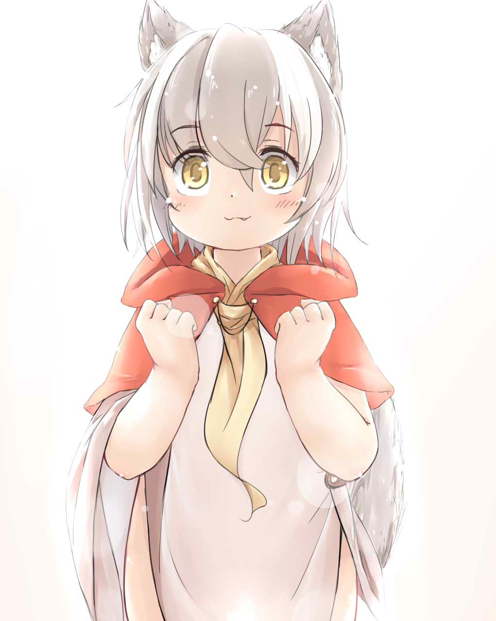 1girl :3 animal_ear_fluff animal_ears baigao bangs capelet check_commentary child chinese_commentary clenched_hands commentary_request dog_ears dog_tail eyebrows_visible_through_hair eyes_visible_through_hair fang fang_out grey_hair hair_between_eyes hands_up highres looking_at_viewer multicolored_hair original red_capelet short_hair simple_background smile solo streaked_hair tail two-tone_hair white_background white_hair yellow_eyes yellow_neckwear