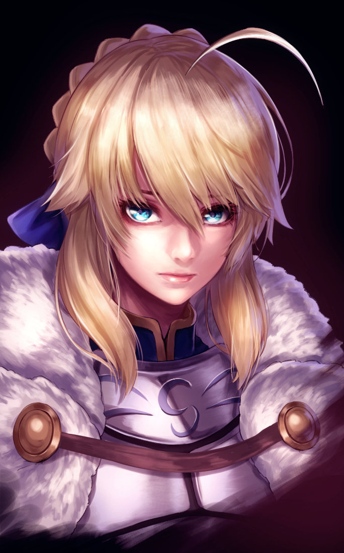 1girl ahoge armor artoria_pendragon_(all) bangs blonde_hair blue_eyes blue_ribbon commentary_request dark_background dress expressionless face fate/grand_order fate_(series) fur_trim gradient gradient_background green_eyes hair_between_eyes hair_ribbon looking_at_viewer re_(re_09) ribbon saber simple_background solo