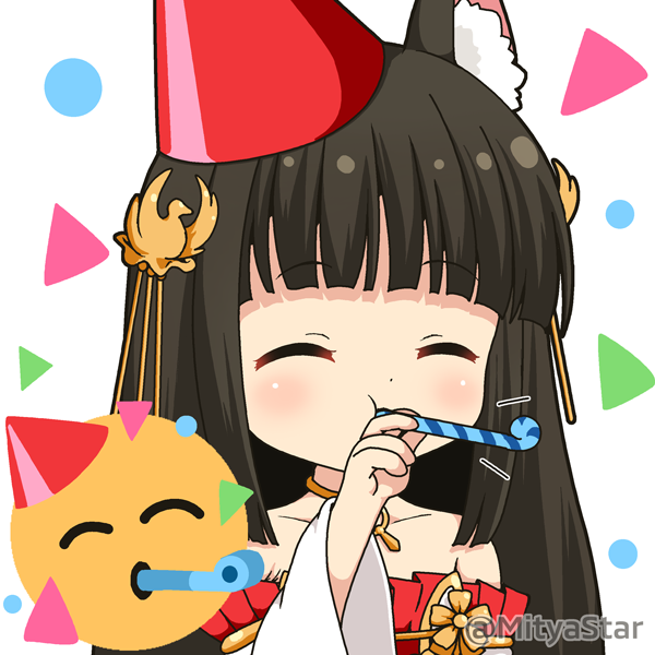 1girl ^_^ animal_ear_fluff animal_ears azur_lane bangs black_hair blunt_bangs blush closed_eyes collarbone commentary_request detached_sleeves dress emoji eyebrows_visible_through_hair fox_ears hair_ornament hand_up hat holding long_hair long_sleeves miicha nagato_(azur_lane) party_hat party_whistle pleated_dress red_dress red_headwear solo strapless strapless_dress tilted_headwear twitter_username upper_body white_background white_sleeves wide_sleeves