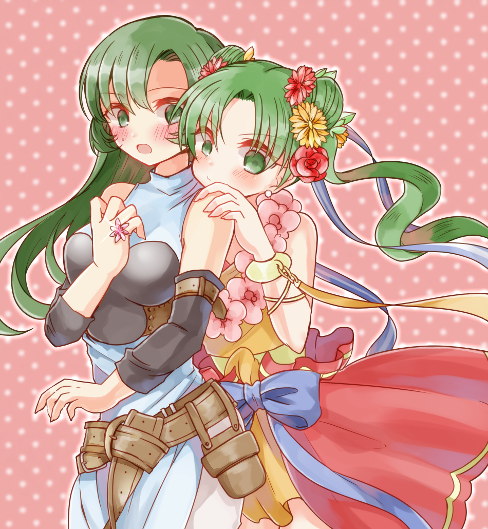 2girls behind_back belt blush breastplate double_bun dress earrings erinys_(fire_emblem) fire_emblem fire_emblem:_genealogy_of_the_holy_war flower green_eyes green_hair head_wreath jewelry long_hair multiple_belts multiple_girls open_mouth ribbon silvia_(fire_emblem) sui_(aruko91) tied_hair wreath