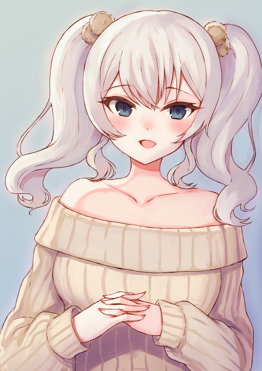 1girl alternate_costume bare_shoulders blue_eyes collarbone commentary_request grey_background grey_hair highres kantai_collection kashima_(kancolle) off-shoulder_sweater off_shoulder own_hands_clasped own_hands_together ribbed_sweater sidelocks silica_(silica_silylate) solo sweater twintails upper_body wavy_hair white_sweater