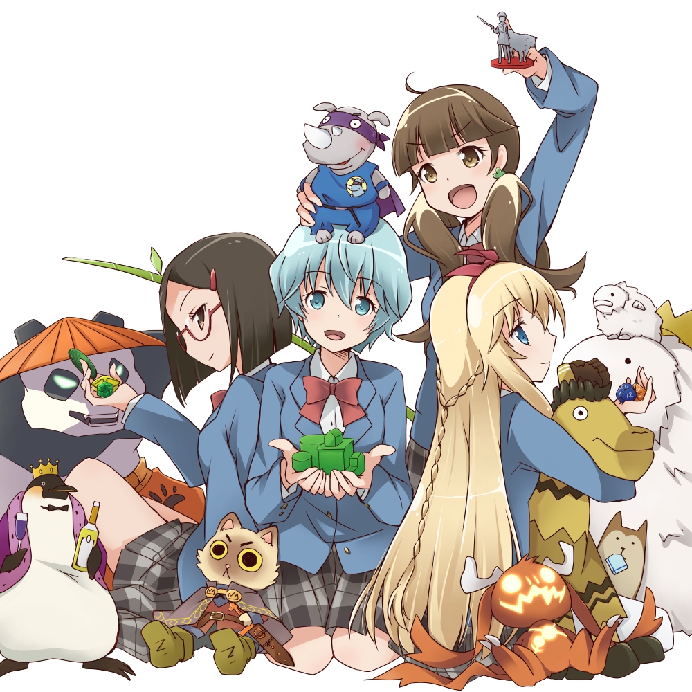 4girls :d alcohol bangs bird blonde_hair blue_eyes blue_shirt blunt_bangs bow brown_eyes brown_hair clover_hair_ornament cube dice emilia_(houkago_saikoro_club) grey_skirt hair_bow hair_ornament hairclip holding holding_stuffed_animal houkago_saikoro_club kneeling low_twintails miniature multiple_girls nora-toro oono_midori open_mouth panda penguin plaid plaid_skirt red-framed_eyewear red_bow school_uniform shirt short_hair sitting skirt smile stuffed_animal stuffed_bunny stuffed_cat stuffed_dog stuffed_horse stuffed_rhinoceros stuffed_toy takayashiki_aya takekasa_miki twintails white_background wine