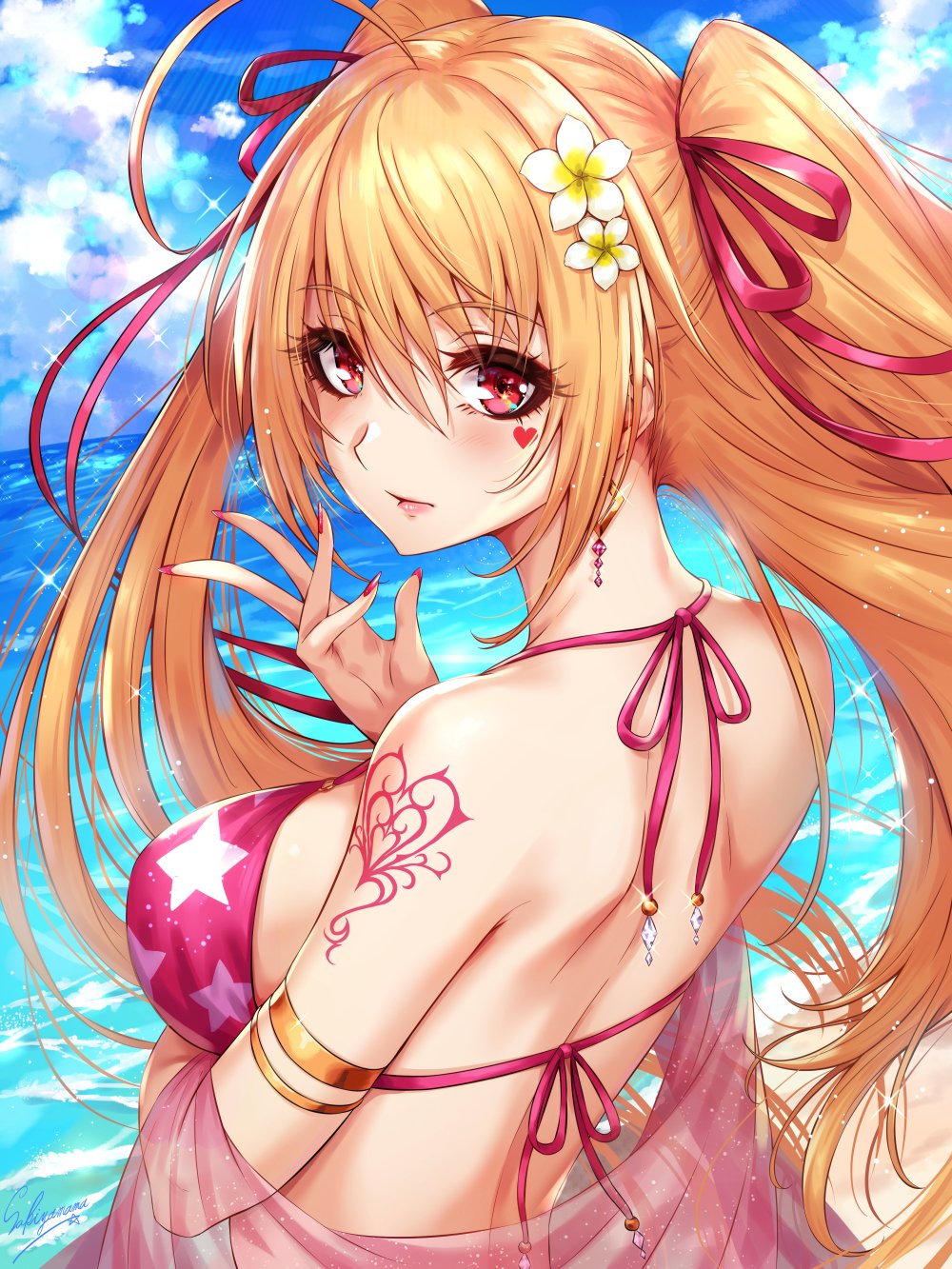 1girl ahoge armlet bangs bare_shoulders beach bikini blush breasts capelet closed_mouth earrings eyebrows_visible_through_hair flower hair_flower hair_ornament hair_ribbon heart heart_tattoo highres jewelry large_breasts long_hair looking_at_viewer original outdoors pink_bikini pink_lips pink_nails red_eyes ribbon sakiyamama shawl shoulder_tattoo smile solo star_(symbol) star_print swimsuit tattoo twintails very_long_hair