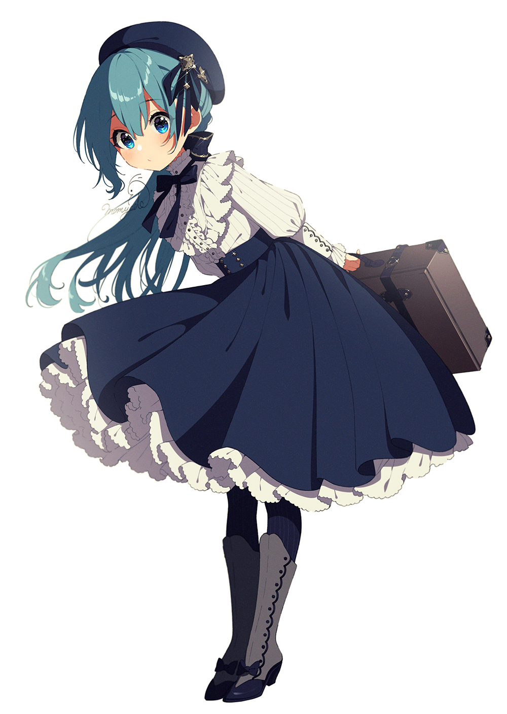 1girl bent_over blue_eyes blue_hair blue_skirt boots bow commentary_request frilled_skirt frills headwear headwear_request highres long_hair long_skirt looking_at_viewer mamyouda neckwear neckwear_request original skirt socks suitcase