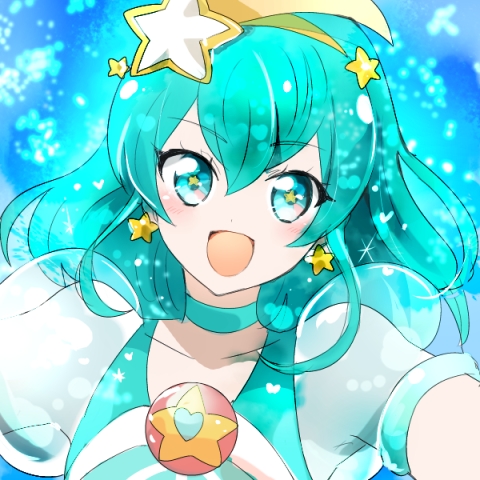 1girl :d aqua_choker aqua_hair bangs blue_eyes collarbone cure_milky earrings eyebrows_visible_through_hair hair_between_eyes hair_ornament hairband jewelry long_hair looking_at_viewer lowres open_mouth portrait precure see-through shiny shiny_hair short_sleeves shumiko_(kamenokoueki) smile solo star-shaped_pupils star_(symbol) star_earrings star_hair_ornament star_twinkle_precure symbol-shaped_pupils yellow_hairband