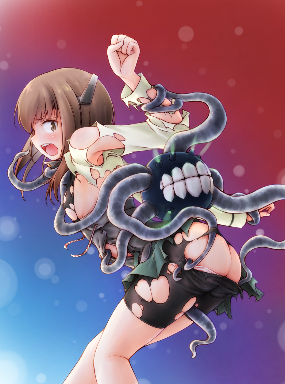 1girl ass bike_shorts black_shorts breasts brown_eyes brown_hair enemy_naval_mine_(kantai_collection) headband headgear highres kantai_collection long_sleeves meihemu open_mouth restrained shinkaisei-kan shirt shorts small_breasts solo taihou_(kantai_collection) tentacles torn_bike_shorts torn_clothes torn_shirt