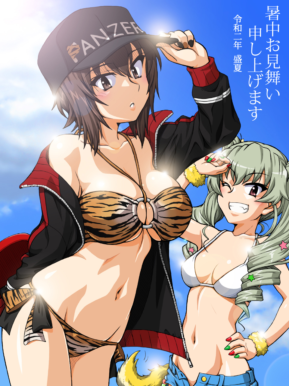 2girls anchovy_(girls_und_panzer) animal_print bangs baseball_cap bikini black_headwear black_jacket blue_shorts blue_sky breasts brown_eyes brown_hair clouds collarbone commentary_request cowboy_shot drill_hair girls_und_panzer green_hair grin hand_on_hip hat highres jacket large_breasts long_hair looking_at_viewer medium_breasts multiple_girls nishizumi_maho o-ring o-ring_bikini o-ring_top oosaka_kanagawa parted_lips shochuumimai short_hair shorts side-tie_bikini sky small_breasts smile swimsuit tiger_print twin_drills twintails white_jacket