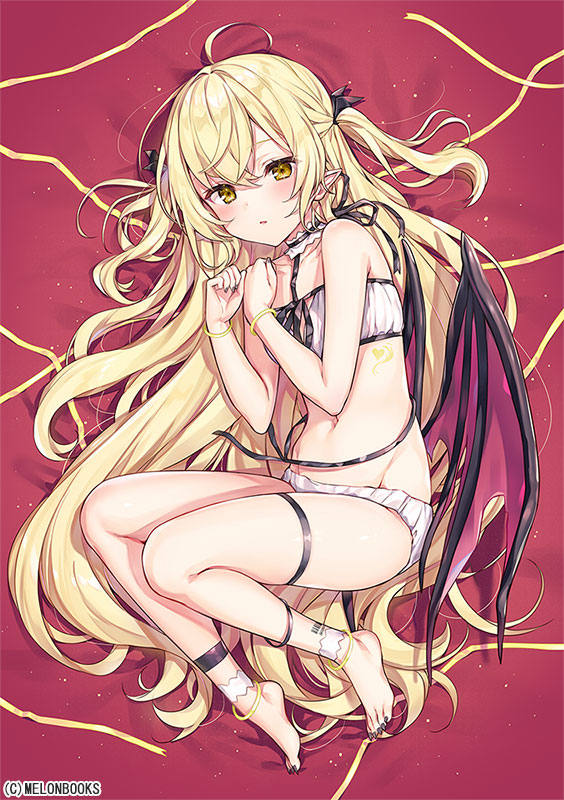 1girl ahoge ankle_strap bare_arms bare_shoulders barefoot black_ribbon blonde_hair bra choker demon_wings groin hair_ornament komeshiro_kasu long_hair looking_at_viewer lying melonbooks navel on_side original panties parted_lips pointy_ears ribbon solo stomach thigh_strap thighs toenail_polish two_side_up underwear underwear_only very_long_hair white_bra white_panties wings wristband yellow_eyes