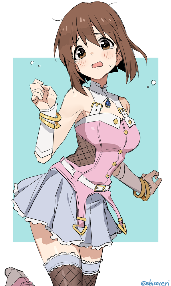 1girl bangle bare_shoulders blue_background blue_skirt blush bracelet brown_eyes brown_hair fishnet_legwear fishnets flying_teardrops hagiwara_yukiho hair_between_eyes high_heels idolmaster idolmaster_(classic) jewelry looking_at_viewer open_mouth pink_diamond_765 pink_shirt shirt shisoneri short_hair skirt sleeveless solo standing standing_on_one_leg sweatdrop tearing_up thigh-highs twitter_username