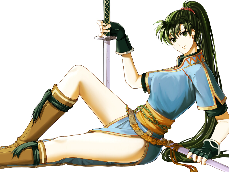 1girl bangs boots closed_mouth delsaber earrings eyebrows_visible_through_hair fingerless_gloves fire_emblem fire_emblem:_the_blazing_blade gloves green_eyes green_gloves green_hair hair_between_eyes hair_ornament high_ponytail holding holding_sheath holding_sword holding_weapon jewelry knee_boots leaning_back long_hair lyn_(fire_emblem) sheath short_sleeves side_slit simple_background sitting smile solo sword very_long_hair weapon white_background