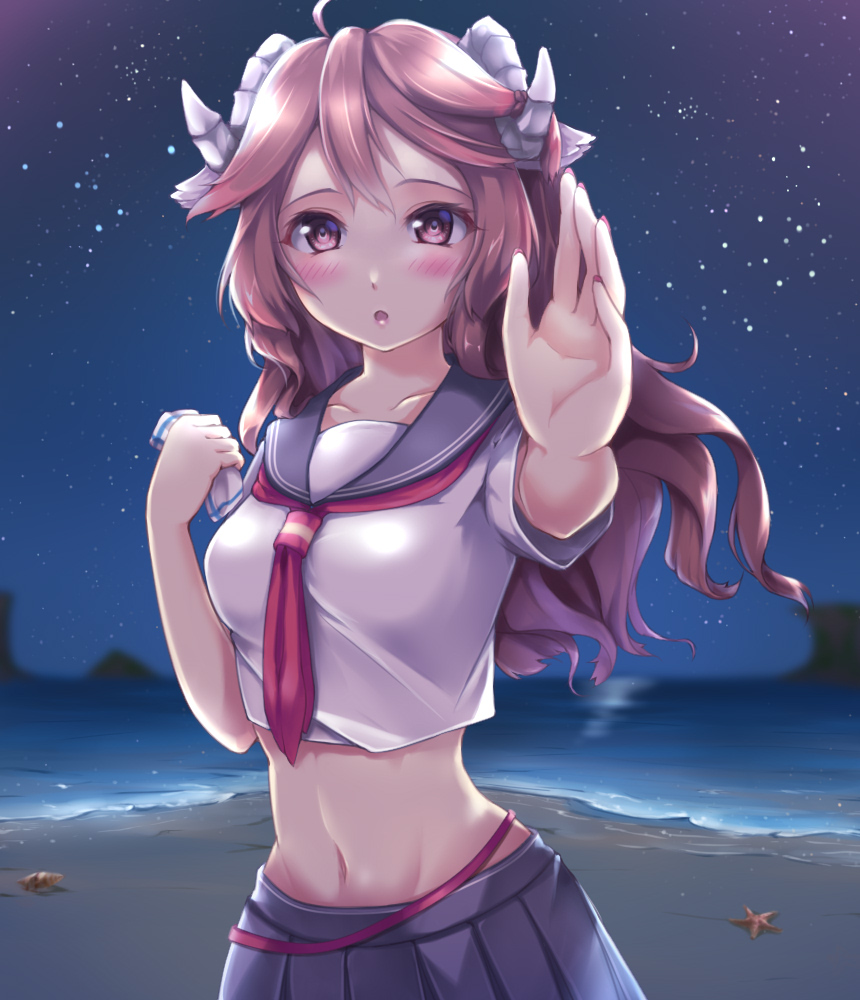 1girl :o ahoge alternate_costume animal_ears arknights bangs beach blush breasts brown_eyes brown_hair chinese_commentary commentary_request crop_top eyjafjalla_(arknights) hand_up holding horns long_hair looking_at_viewer medium_breasts midriff navel neckerchief night night_sky ocean pleated_skirt purple_skirt red_neckwear rock.fc sailor_collar sailor_shirt school_uniform serafuku sheep_ears sheep_horns shirt short_sleeves skirt sky solo star_(sky) starfish starry_sky stomach upper_body white_shirt