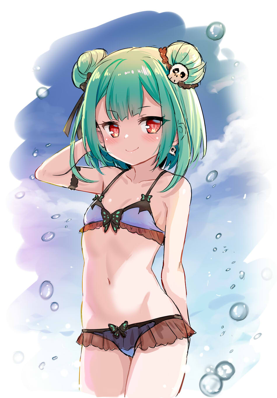 1girl arm_up backlighting bikini closed_mouth cowboy_shot double_bun earrings flat_chest green_hair highres hololive jewelry looking_at_viewer outdoors red_eyes short_hair smile solo swimsuit unname uruha_rushia