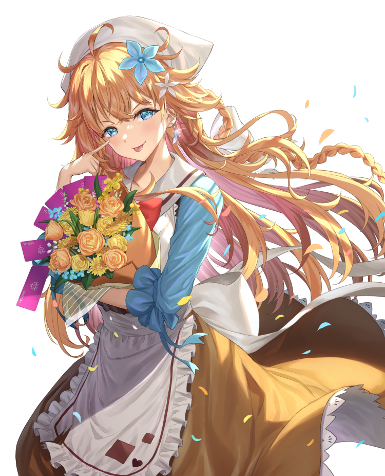 1girl :p apron bangs blue_eyes blue_flower blush bouquet bow braid brown_skirt earrings eyebrows_visible_through_hair flower hair_between_eyes hair_flower hair_ornament hat jewelry long_hair long_sleeves looking_at_viewer matanonki nijisanji orange_flower otogibara_era simple_background skirt smile tongue tongue_out very_long_hair virtual_youtuber waist_apron white_background white_flower white_headwear yellow_flower